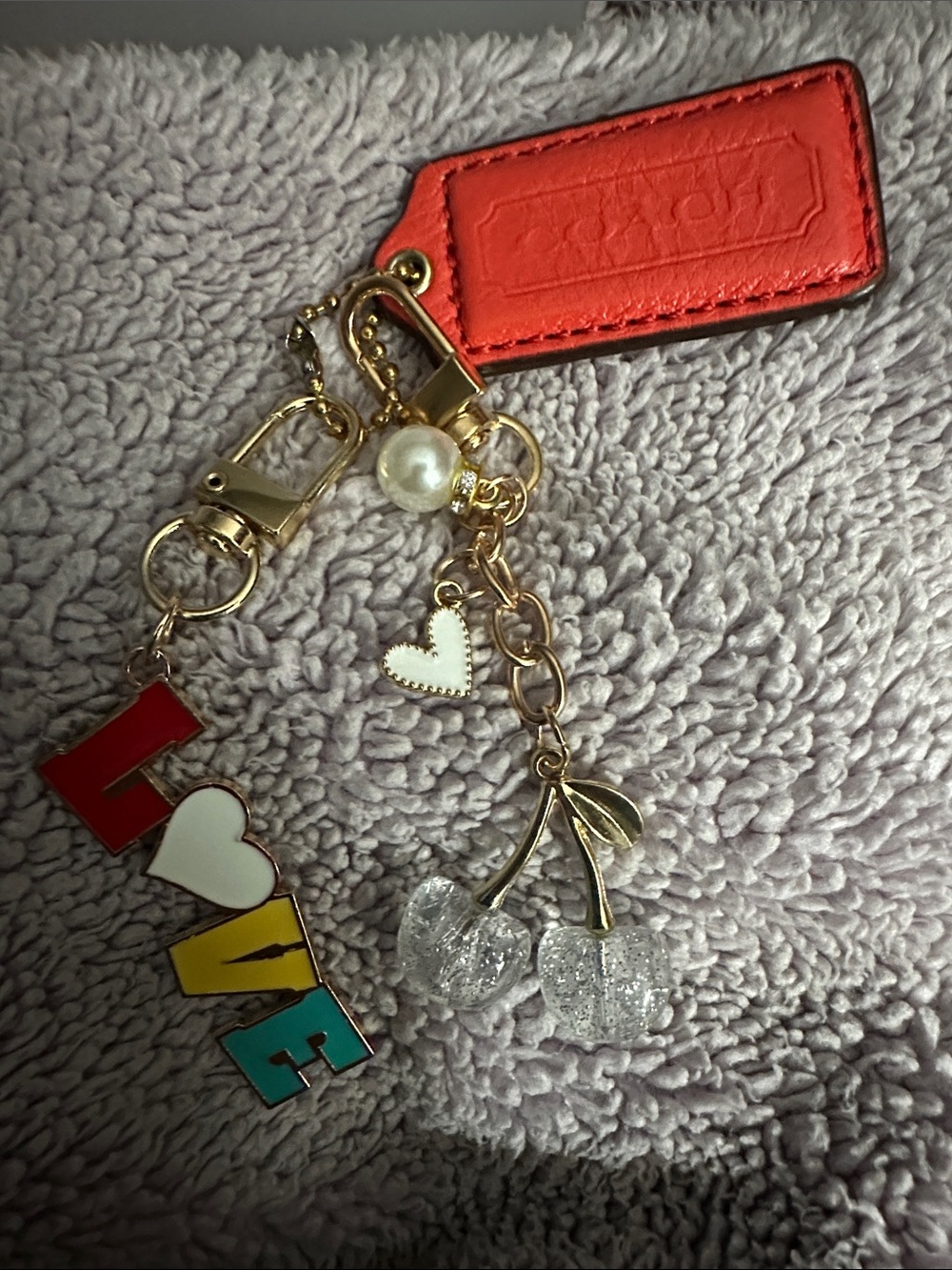 Coral Leather Keychain with Gold Chain
